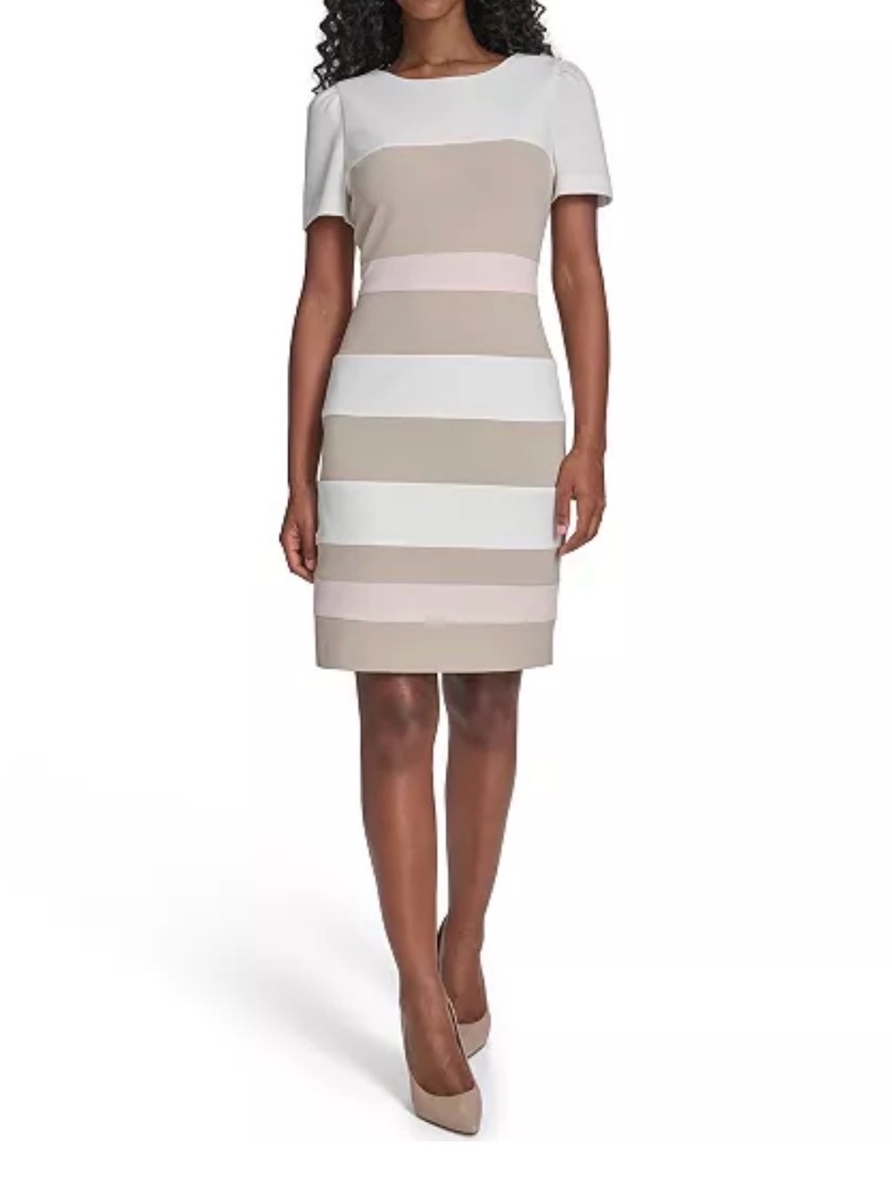 Tommy Hilfiger Striped Neutral Pencil Skirt Dress in Beige and White